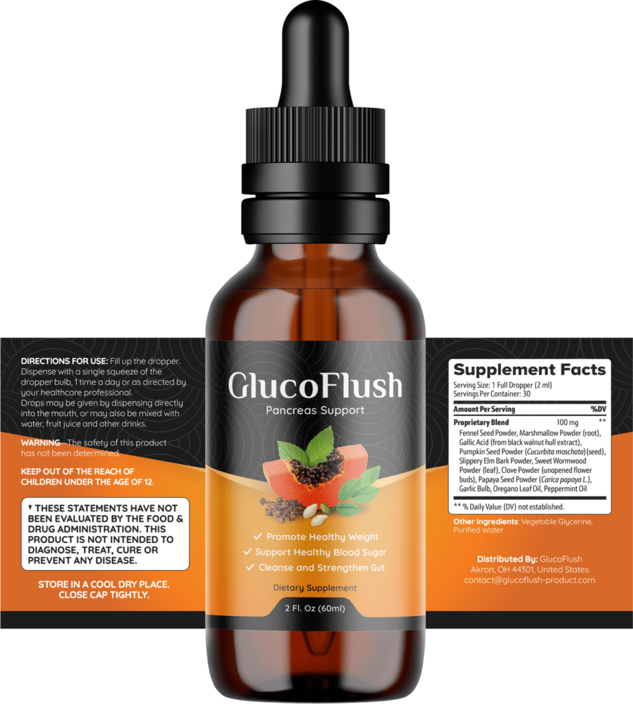 GlucoFlush single bottle with ingredients lists