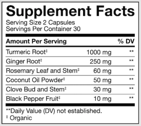 Supplement Facts of Paleovalley Turmeric Complex Capsules