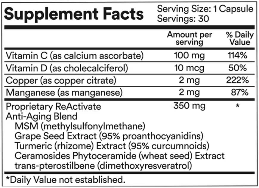 Sun Coast Sciences ReActivate Supplement Facts