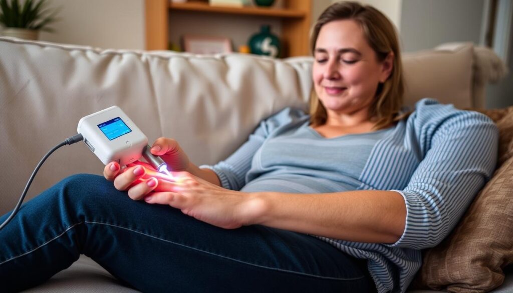 Person using a laser device to treat toenail fungus at home